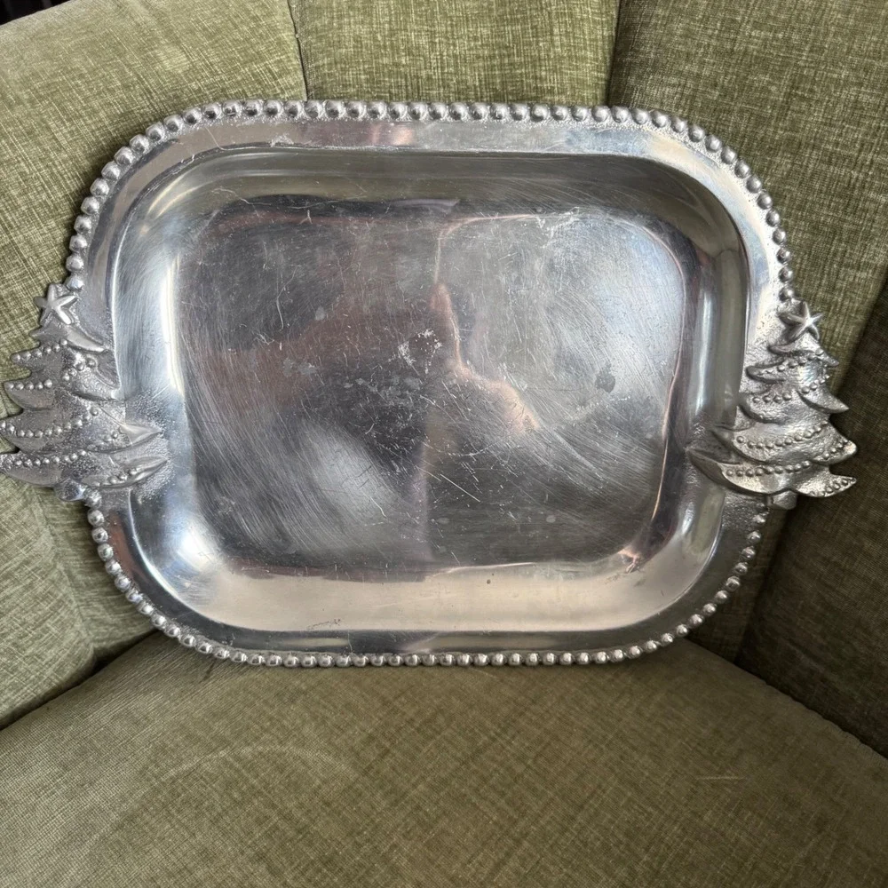 Pewter Christmas Tree Serving Tray 16 x 11 Silver Heavy Holiday Serving Platter
